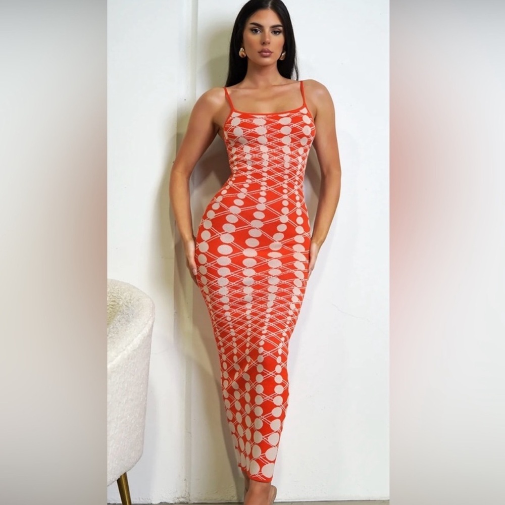 HERA COLLECTION BODYCON SWEATER MAXI DRESS BLACK & CREAM GEOMETRIC PRINT SZ L
